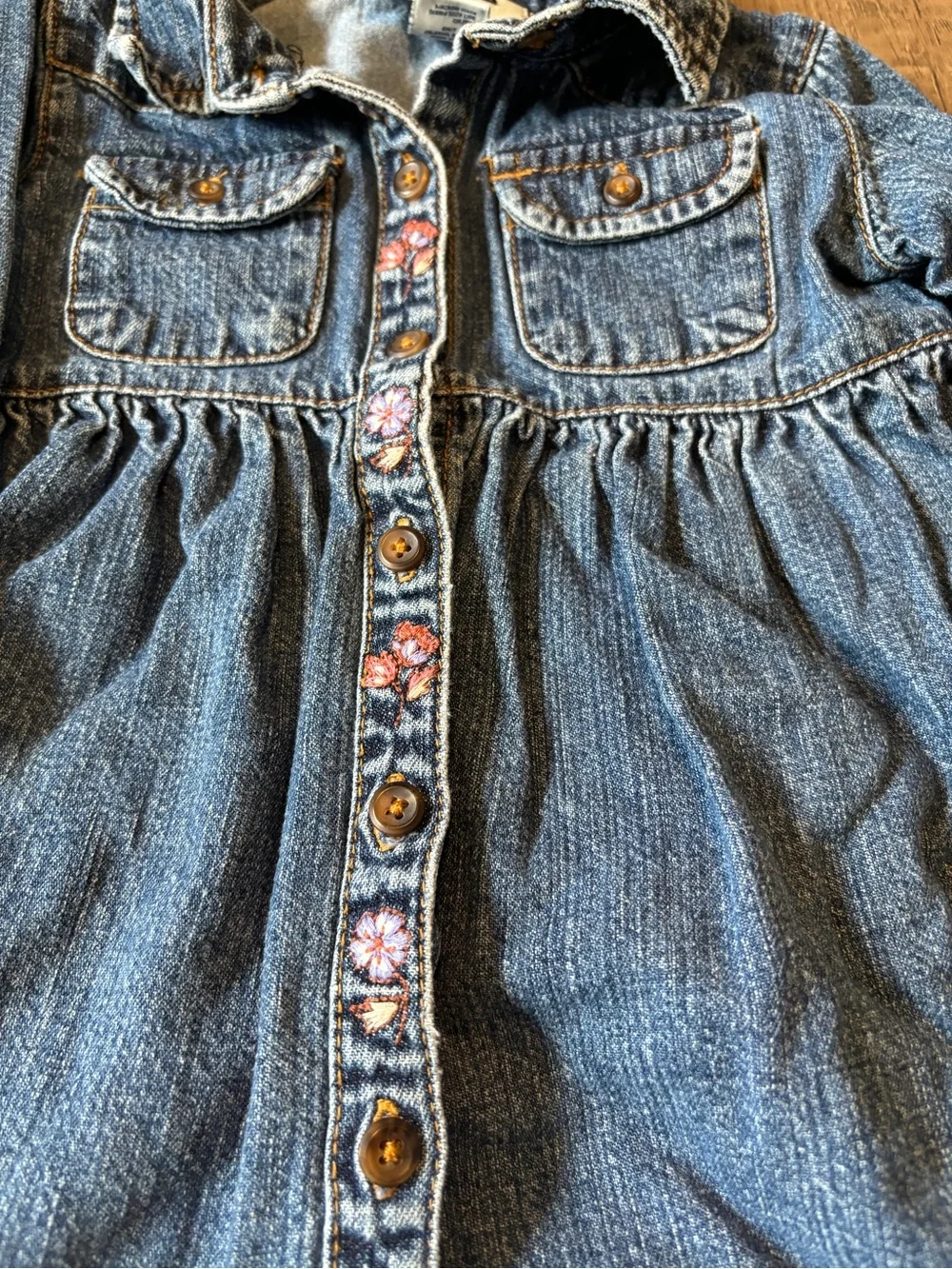 Vintage 2000s Y2K Oshkosh B’Gosh Denim Dress Baby Clothes Outfit Floral 12M